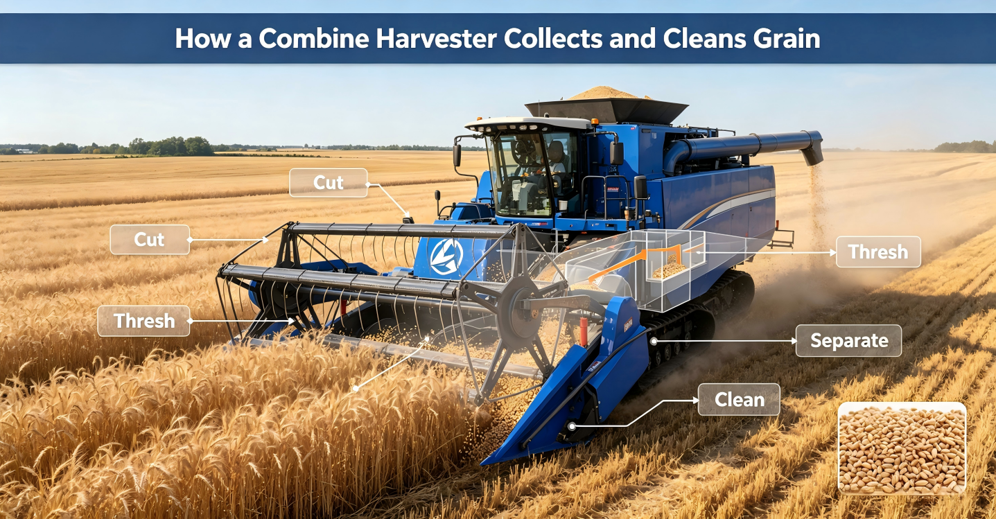 How a Combine Harvester Collects and Cleans Grain
